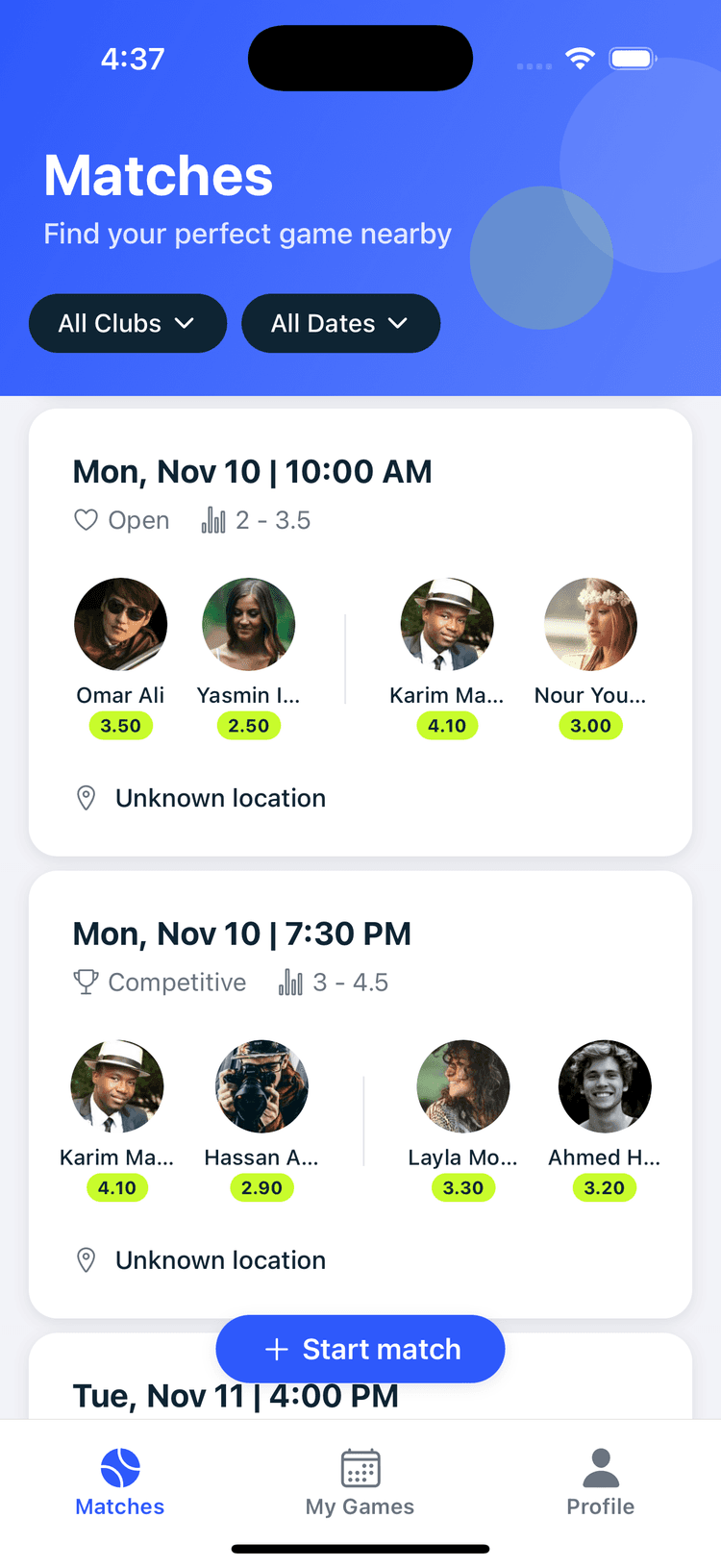Korta App - Matches Screen